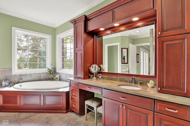 523 S 700 E, Whitestown, IN 46075 - full bathroom featuring vanity, ornamental molding, and a bath