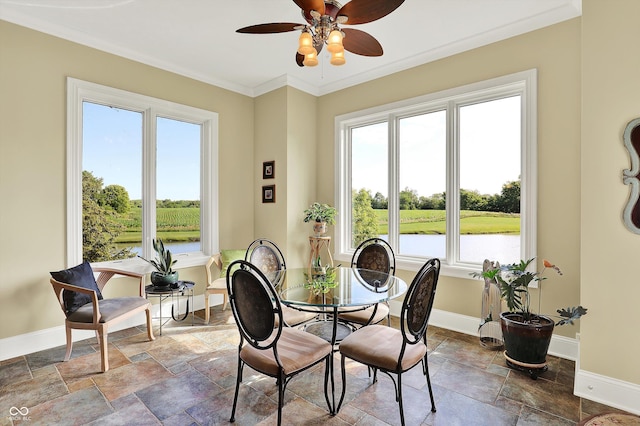 523 S 700 E, Whitestown, IN 46075 - dining space with plenty of natural light, ceiling fan, stone tile flooring, and ornamental molding