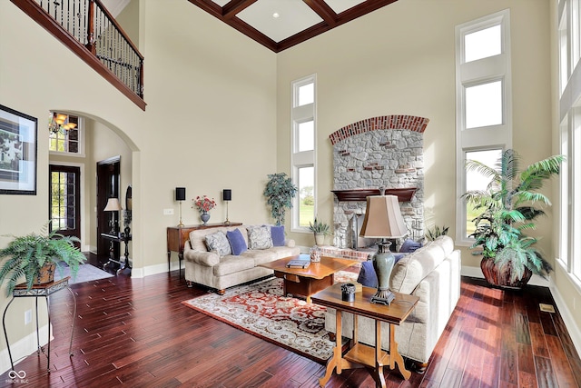 523 S 700 E, Whitestown, IN 46075 - living room with a towering ceiling, arched walkways, and wood-type flooring