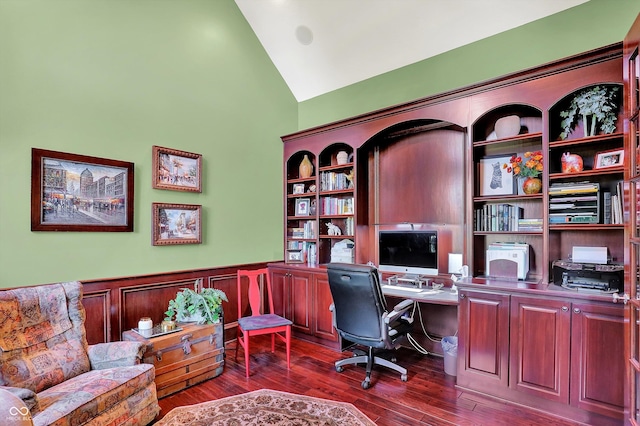 523 S 700 E, Whitestown, IN 46075 - home office with high vaulted ceiling, dark wood-style flooring, and wainscoting