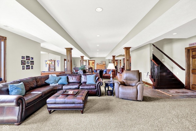 523 S 700 E, Whitestown, IN 46075 - carpeted living area with ornate columns, recessed lighting, and stairway