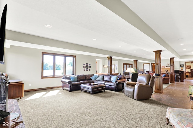 523 S 700 E, Whitestown, IN 46075 - carpeted living room with decorative columns and recessed lighting