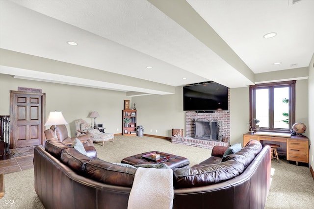 523 S 700 E, Whitestown, IN 46075 - living area featuring light carpet, recessed lighting, and a fireplace