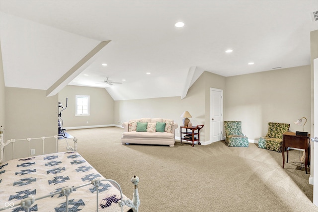 523 S 700 E, Whitestown, IN 46075 - carpeted bedroom with recessed lighting, lofted ceiling, and a ceiling fan