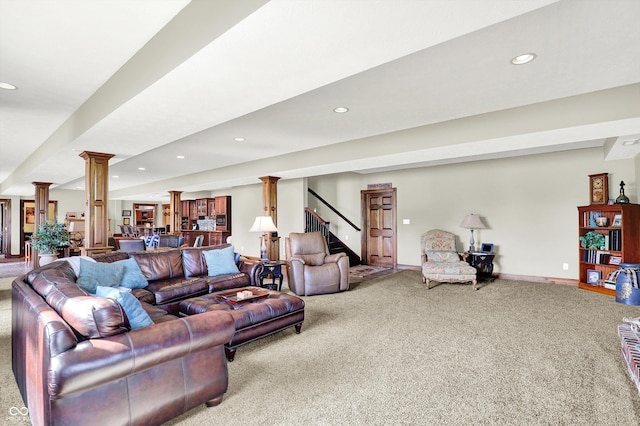 523 S 700 E, Whitestown, IN 46075 - carpeted living room with decorative columns, recessed lighting, stairway, and bar