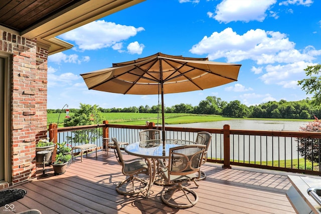 523 S 700 E, Whitestown, IN 46075 - wooden terrace featuring a water view and outdoor dining space