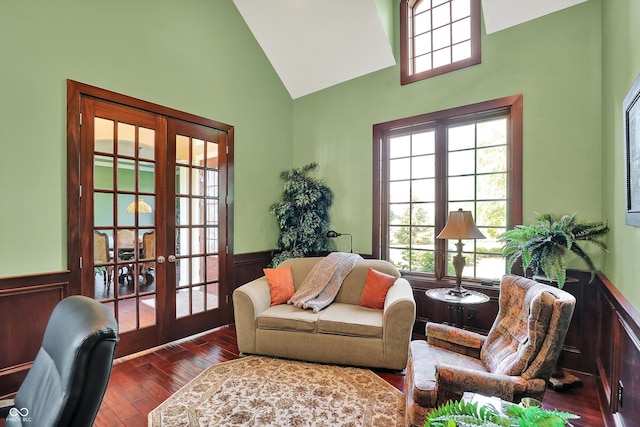 523 S 700 E, Whitestown, IN 46075 - living room with high vaulted ceiling, french doors, wainscoting, wood finished floors, and healthy amount of natural light