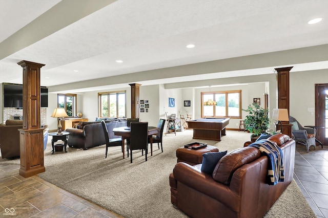 523 S 700 E, Whitestown, IN 46075 - living area with decorative columns, plenty of natural light, billiards table, recessed lighting, and stone tile floors