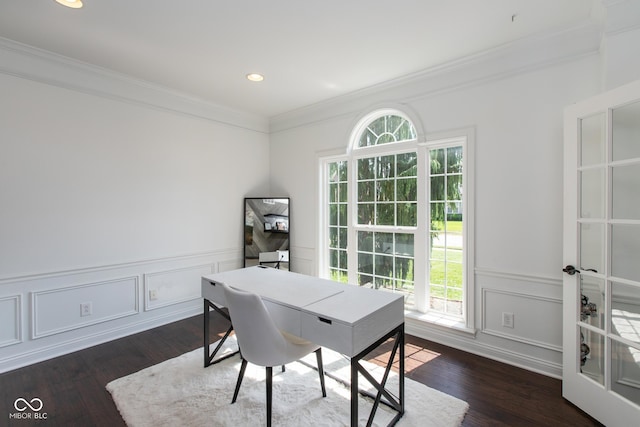 10334 Strongbow Rd, Fishers, IN 46040 - office area featuring ornamental molding, dark wood-style flooring, a wainscoted wall, recessed lighting, and a decorative wall