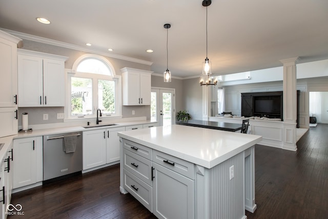 10334 Strongbow Rd, Fishers, IN 46040 - kitchen with dishwasher, open floor plan, white cabinetry, crown molding, and recessed lighting