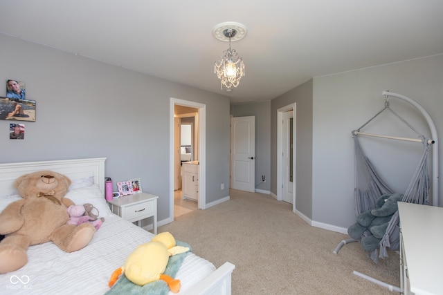 10334 Strongbow Rd, Fishers, IN 46040 - bedroom featuring light colored carpet, a chandelier, and ensuite bathroom