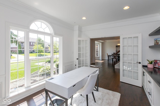 10334 Strongbow Rd, Fishers, IN 46040 - home office featuring french doors, ornamental molding, dark wood-style flooring, recessed lighting, and a decorative wall
