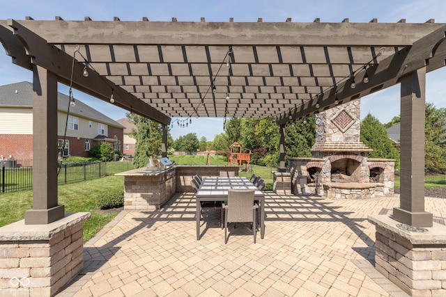 10334 Strongbow Rd, Fishers, IN 46040 - view of patio / terrace with exterior fireplace, an outdoor kitchen, a pergola, and outdoor dining space