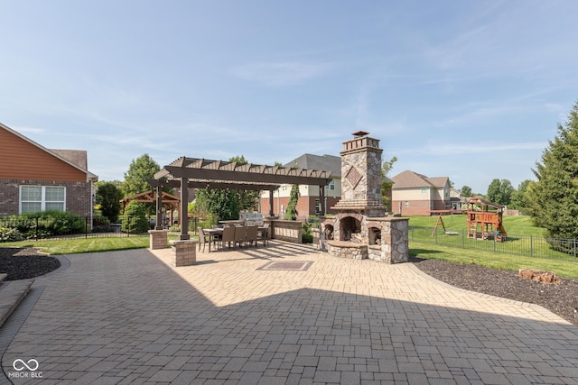 10334 Strongbow Rd, Fishers, IN 46040 - view of patio / terrace with an outdoor stone fireplace and a pergola
