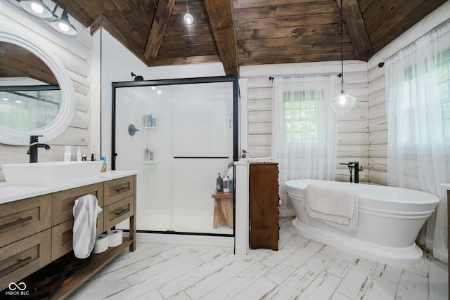 10823 E 200 N, Sheridan, IN 46069 - bathroom with wood ceiling, vanity, a stall shower, and a freestanding tub