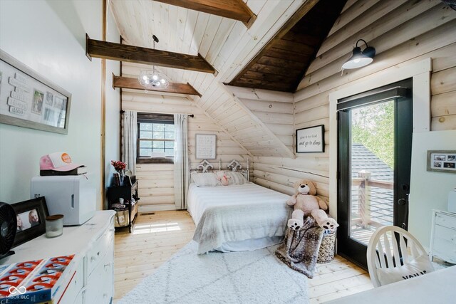 10823 E 200 N, Sheridan, IN 46069 - bedroom featuring light wood-style floors, rustic walls, a wooden ceiling with exposed beams, access to exterior, and high vaulted ceiling