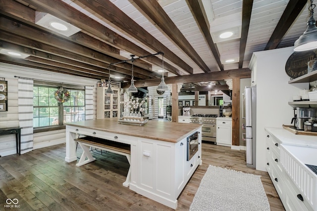 10823 E 200 N, Sheridan, IN 46069 - kitchen featuring stainless steel appliances, wooden counters, open shelves, white cabinets, and light wood finished floors