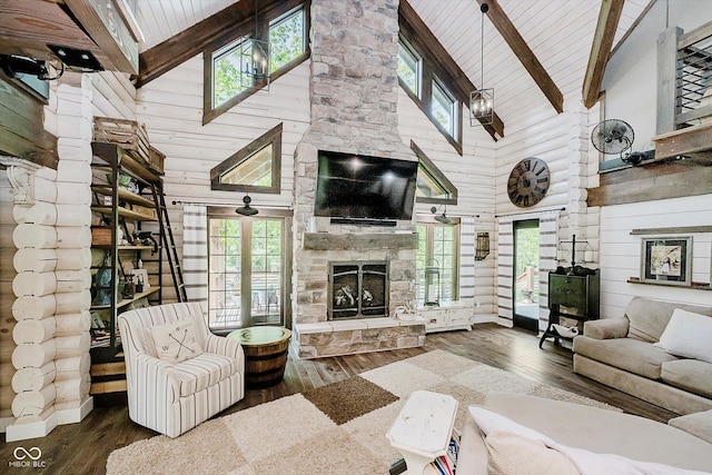 10823 E 200 N, Sheridan, IN 46069 - living area featuring high vaulted ceiling, hardwood / wood-style flooring, healthy amount of natural light, a wooden ceiling with exposed beams, and wood walls