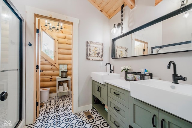 10823 E 200 N, Sheridan, IN 46069 - full bathroom featuring rustic walls, double vanity, a shower stall, wood ceiling, and vaulted ceiling
