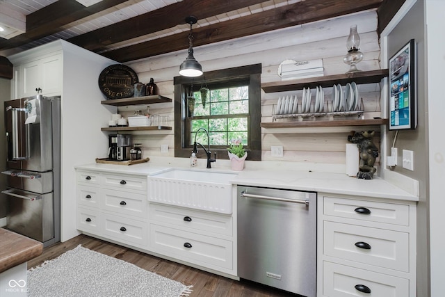 10823 E 200 N, Sheridan, IN 46069 - kitchen with appliances with stainless steel finishes, open shelves, a wooden ceiling with exposed beams, white cabinetry, and dark wood-style floors
