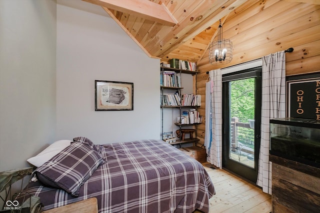 10823 E 200 N, Sheridan, IN 46069 - bedroom with hardwood / wood-style floors, access to exterior, a chandelier, and wood ceiling