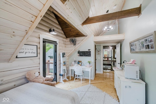 10823 E 200 N, Sheridan, IN 46069 - bedroom with wood ceiling, light wood finished floors, and a chandelier