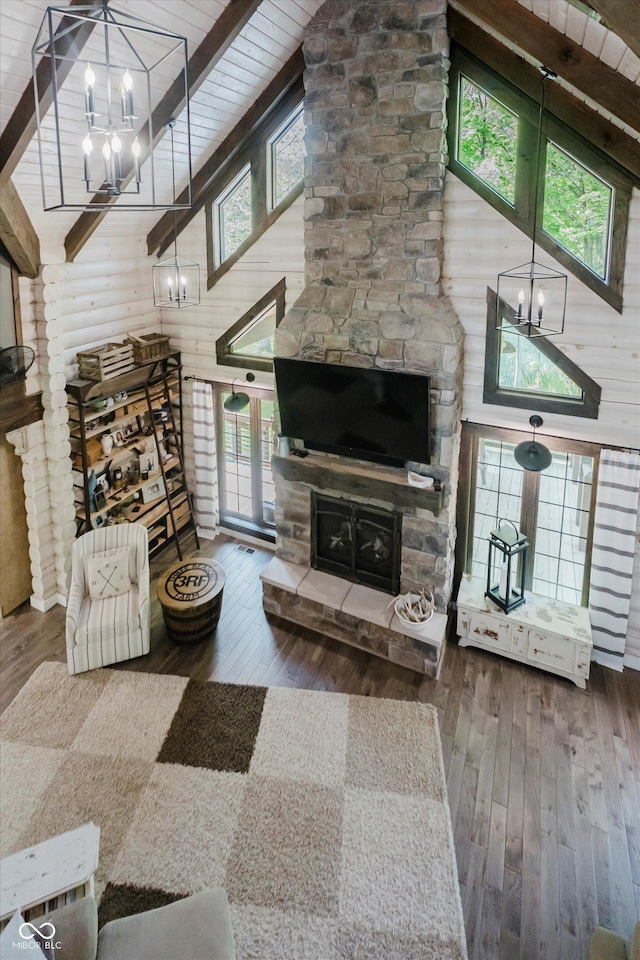 10823 E 200 N, Sheridan, IN 46069 - living room with a chandelier, high vaulted ceiling, hardwood / wood-style flooring, a wooden ceiling with exposed beams, and healthy amount of natural light