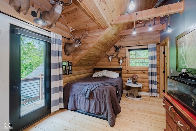 10823 E 200 N, Sheridan, IN 46069 - bedroom featuring wooden ceiling, log walls, and hardwood / wood-style flooring