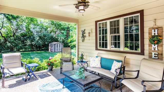 5123 Marble Ct, Indianapolis, IN 46237 - view of patio featuring a ceiling fan and a shed