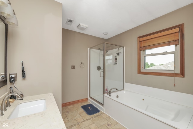 3696 Lakeshore Ct, Greenwood, IN 46143 - full bath featuring a shower stall, a bath, vanity, and stone finish floors