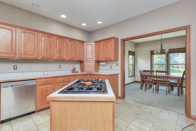 3696 Lakeshore Ct, Greenwood, IN 46143 - kitchen featuring appliances with stainless steel finishes, a chandelier, light colored carpet, light countertops, and recessed lighting