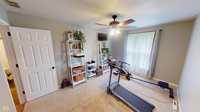 1623 Beech Cir, Plainfield, IN 46168 - workout area with a ceiling fan, light carpet, and a textured ceiling