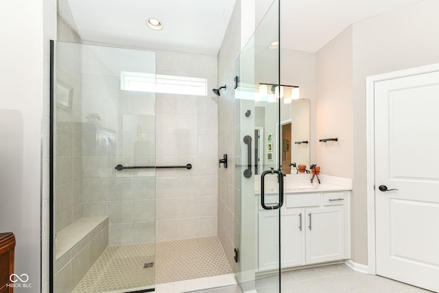 1360 Petit Verdot Dr, Westfield, IN 46074 - full bath featuring a stall shower, vanity, tile patterned floors, and recessed lighting