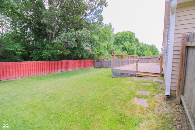 10610 Pavilion Dr, Indianapolis, IN 46259 - fenced backyard featuring a wooden deck and view of wooded area