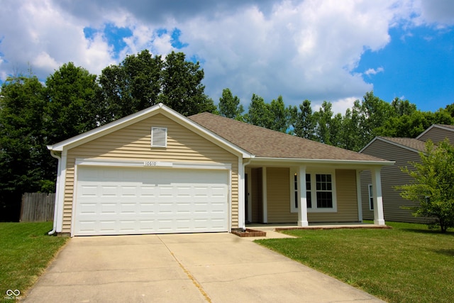 10610 Pavilion Dr, Indianapolis, IN 46259 - single story home with driveway, a garage, covered porch, and a shingled roof