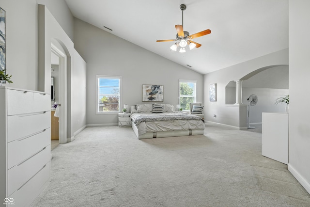 13004 Tuscany Blvd, Carmel, IN 46032 - bedroom with arched walkways, decorative columns, light colored carpet, high vaulted ceiling, and a ceiling fan