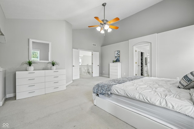 13004 Tuscany Blvd, Carmel, IN 46032 - bedroom with carpet floors, high vaulted ceiling, a ceiling fan, and arched walkways