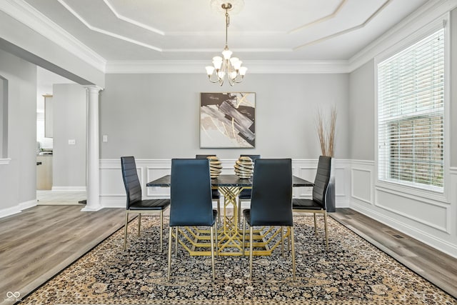13004 Tuscany Blvd, Carmel, IN 46032 - dining area featuring a raised ceiling, wood finished floors, a chandelier, a wainscoted wall, and ornamental molding