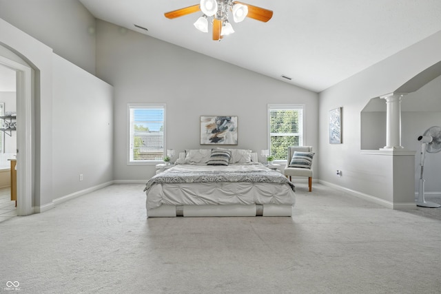 13004 Tuscany Blvd, Carmel, IN 46032 - carpeted bedroom featuring decorative columns, a ceiling fan, and high vaulted ceiling
