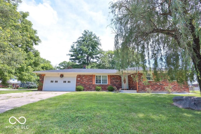 7525 Surrey Dr, Indianapolis, IN 46227 - ranch-style house featuring driveway, a garage, a front lawn, and brick siding