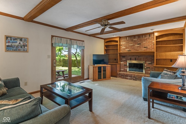 12011 Emory Dr, Indianapolis, IN 46229 - living area with beam ceiling, carpet flooring, a ceiling fan, built in shelves, and crown molding