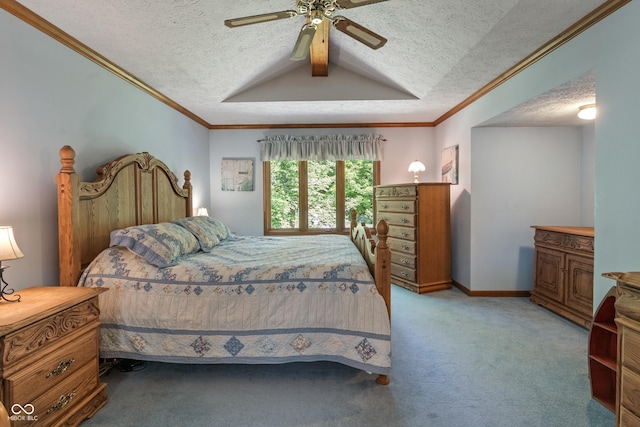 12011 Emory Dr, Indianapolis, IN 46229 - bedroom featuring a textured ceiling, carpet floors, ceiling fan, vaulted ceiling, and crown molding
