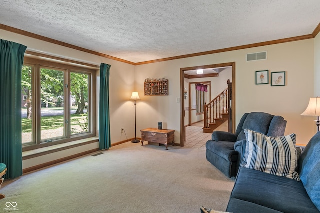12011 Emory Dr, Indianapolis, IN 46229 - living room with carpet, ornamental molding, stairs, and a textured ceiling