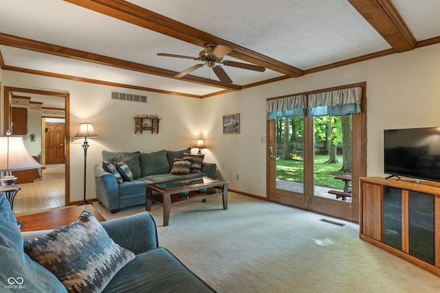 12011 Emory Dr, Indianapolis, IN 46229 - living area featuring a ceiling fan, beam ceiling, and crown molding