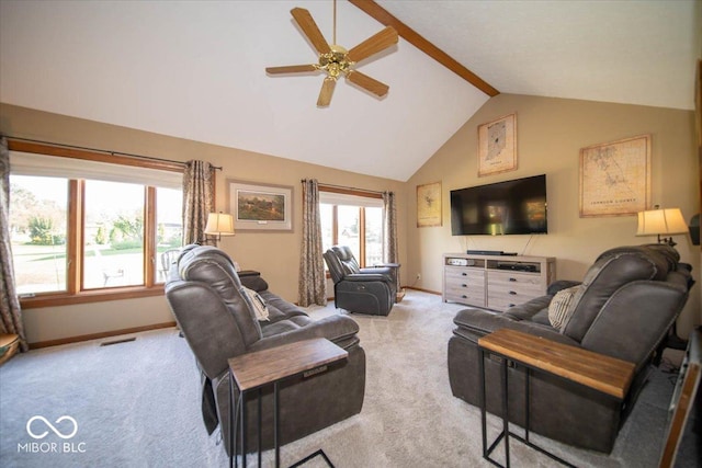 2259 Willow Lake Dr, Greenwood, IN 46143 - living room with light colored carpet, a ceiling fan, high vaulted ceiling, and beam ceiling
