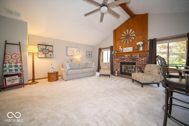 2259 Willow Lake Dr, Greenwood, IN 46143 - living room featuring ceiling fan, carpet floors, and a brick fireplace