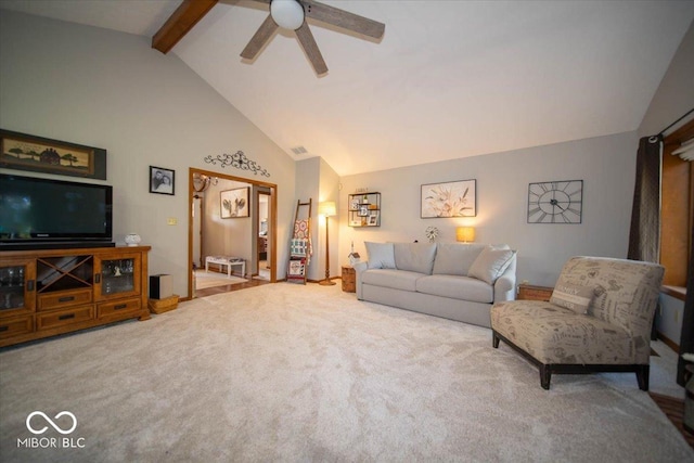 2259 Willow Lake Dr, Greenwood, IN 46143 - carpeted living room with beamed ceiling, ceiling fan, and high vaulted ceiling