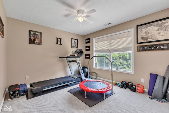 5961 Pine Bluff Dr, Avon, IN 46123 - workout area featuring a ceiling fan and carpet floors
