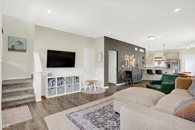 3588 Thomas Jefferson St, Westfield, IN 46074 - living area featuring stairway, dark wood-type flooring, and recessed lighting