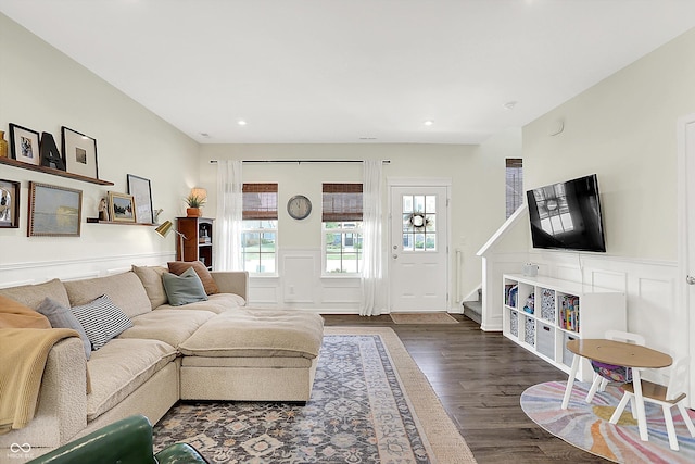 3588 Thomas Jefferson St, Westfield, IN 46074 - living area with wood finished floors, stairs, wainscoting, recessed lighting, and a decorative wall